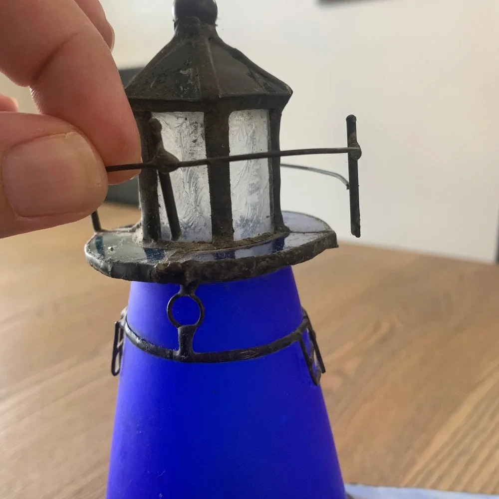 Vtg Stained Glass Lighthouse Cobalt Blue Glass Nautical Accent Lamp Cover READ